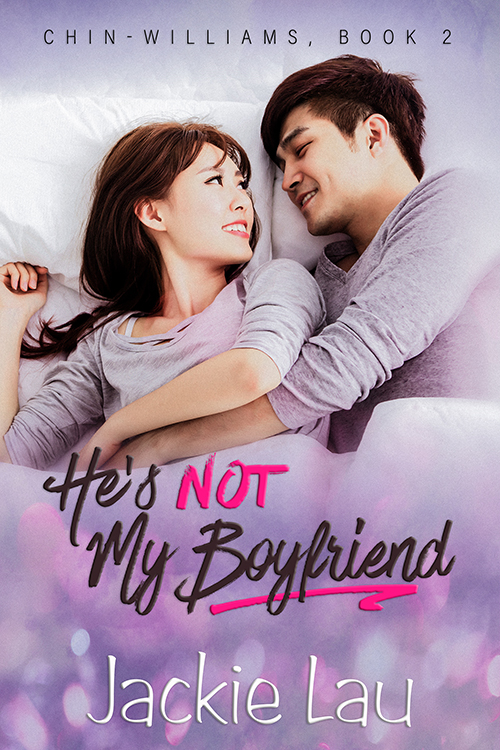 He's Not My Boyfriend cover. Includes photo of East Asian man and woman snuggling in bed together.